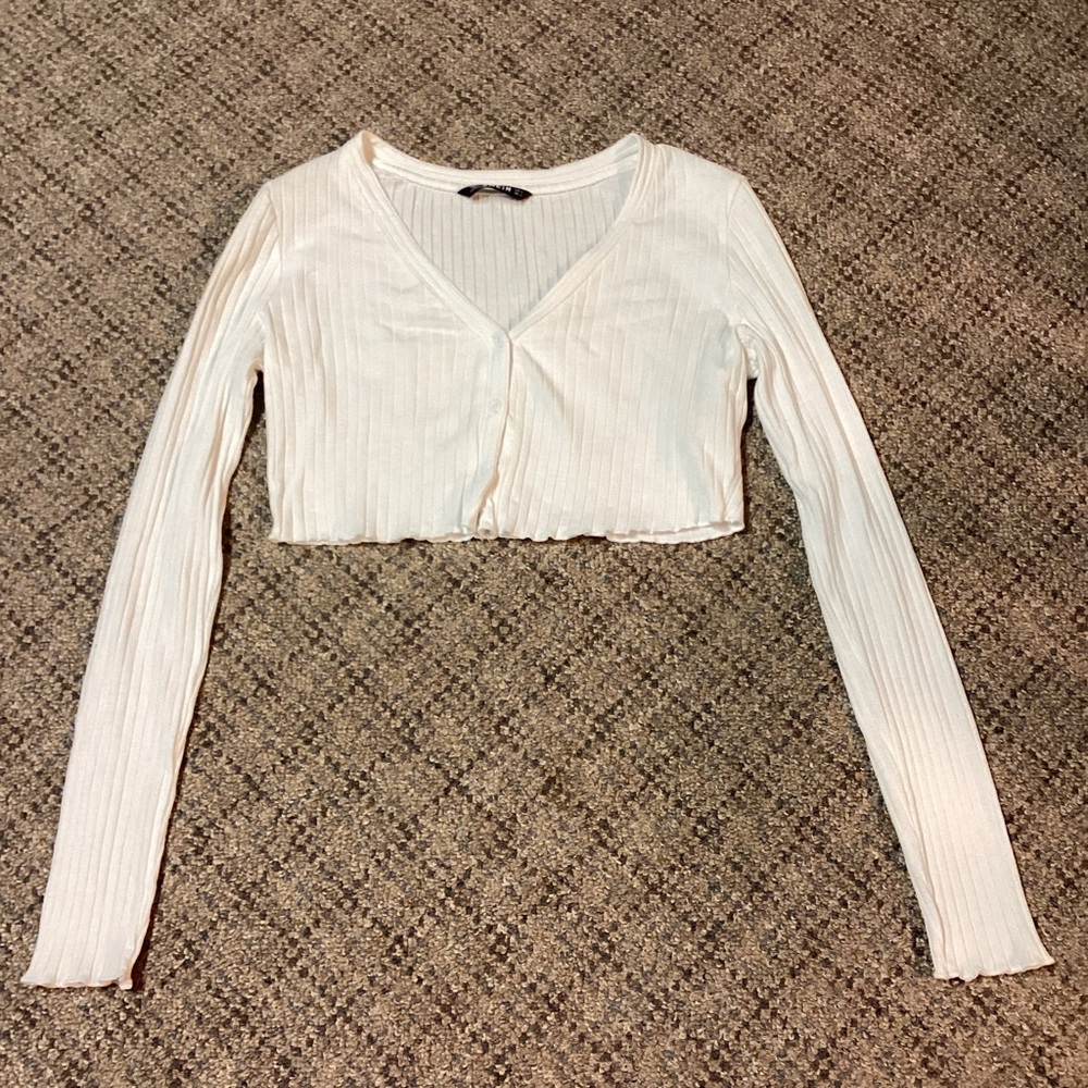 SHEIN White Ribbed Crop V-neck Long Sleeve Button Front Top * Size Small